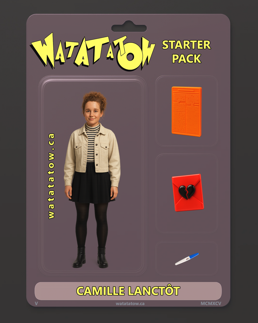 Figurine de Camille Lanctôt de la saison 5 de Watatatow, symbolisant l'écriture et le courage de la rupture.